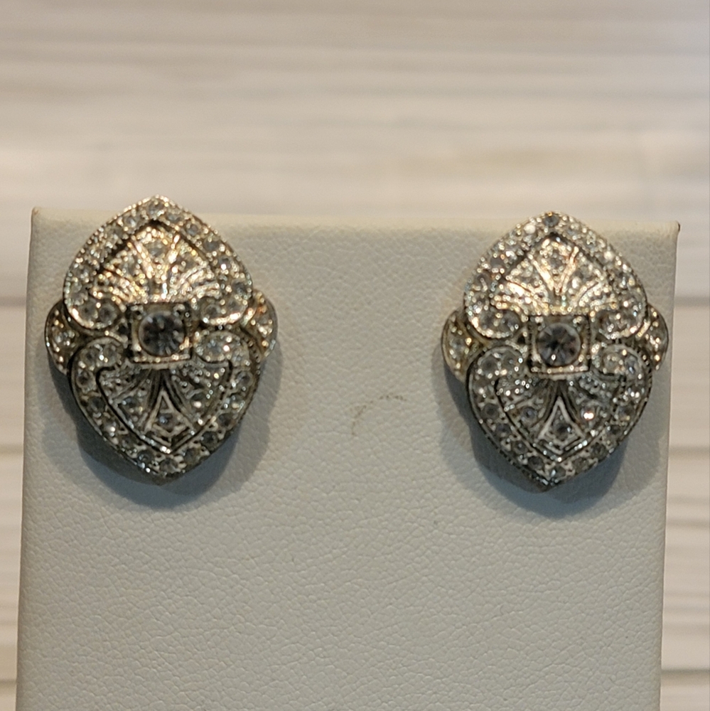 Vintage Silver Tone Clear Rhinestone Art Deco Style Statement Pierced Earrings